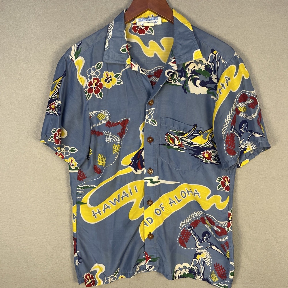 Vintage 80s Ocean Pacific Hawaiian Shirt Rayon Land of Aloha Scenic Back Print M